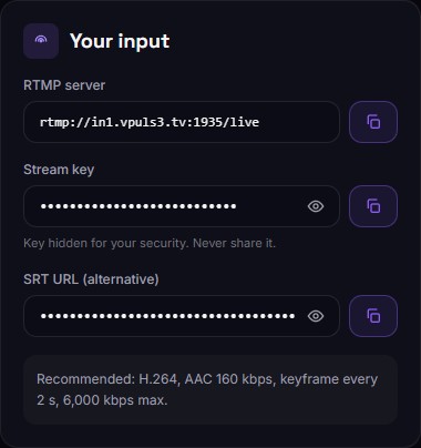 Your input card: server, key and SRT URL